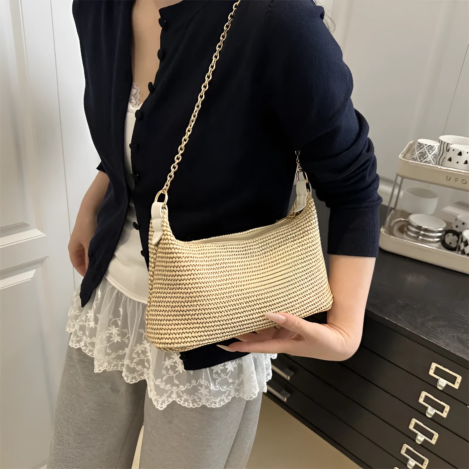 Women's woven straw crossbody bag in horizontal square shape with phone pocket, khaki colour