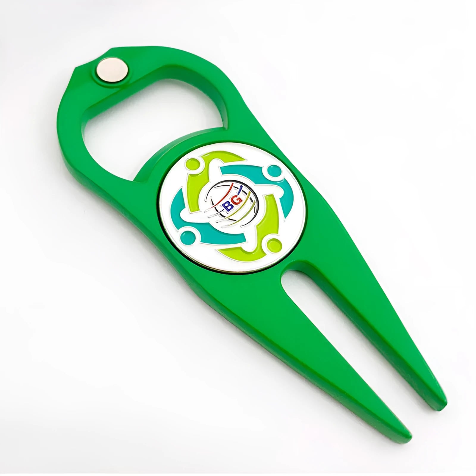 Zinc alloy golf ball yoke and bottle opener tool in black, green or silver on a putting green