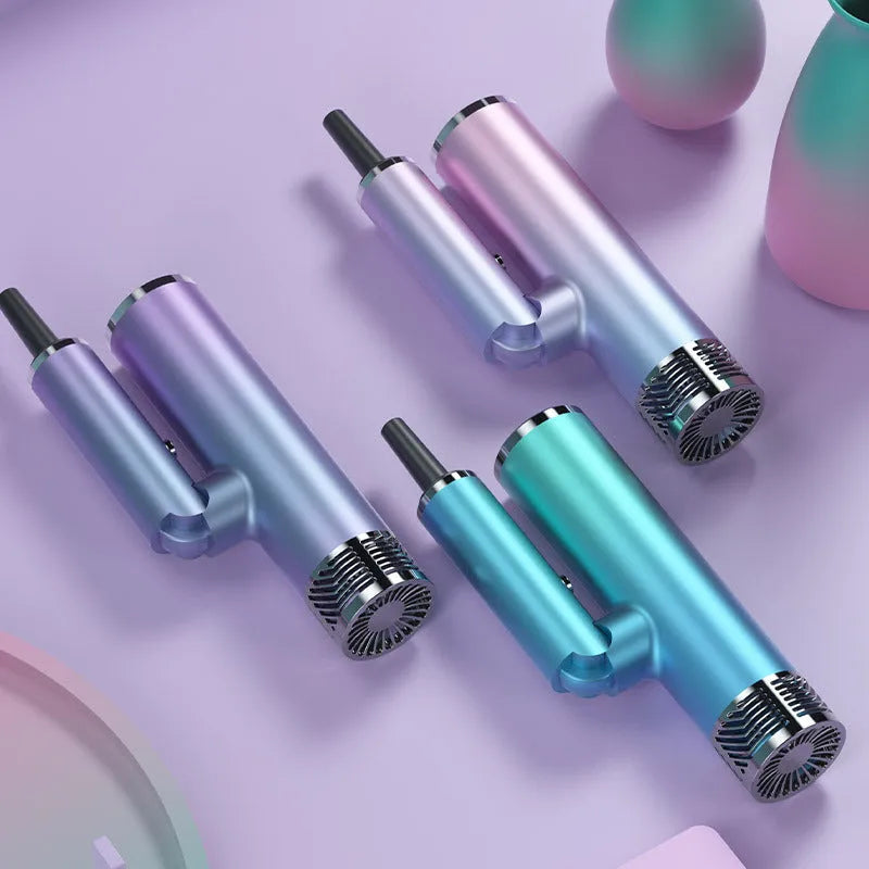 Foldable electric hair dryer in green or purple with lightweight portable design and adjustable settings