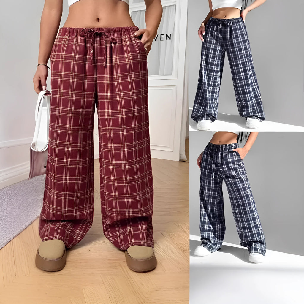 Women's red casual loose trousers with drawstring waist and plaid patch pockets laid flat.