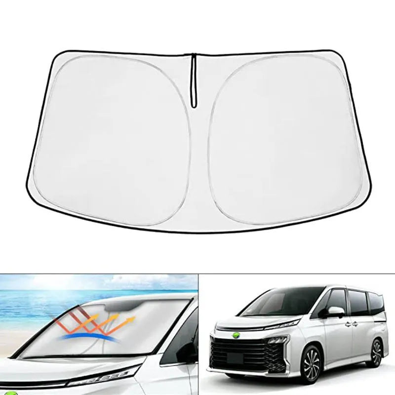 Silver reflective car sunshade cover designed for the front windshield of a Toyota Noah XOVY 90 series.