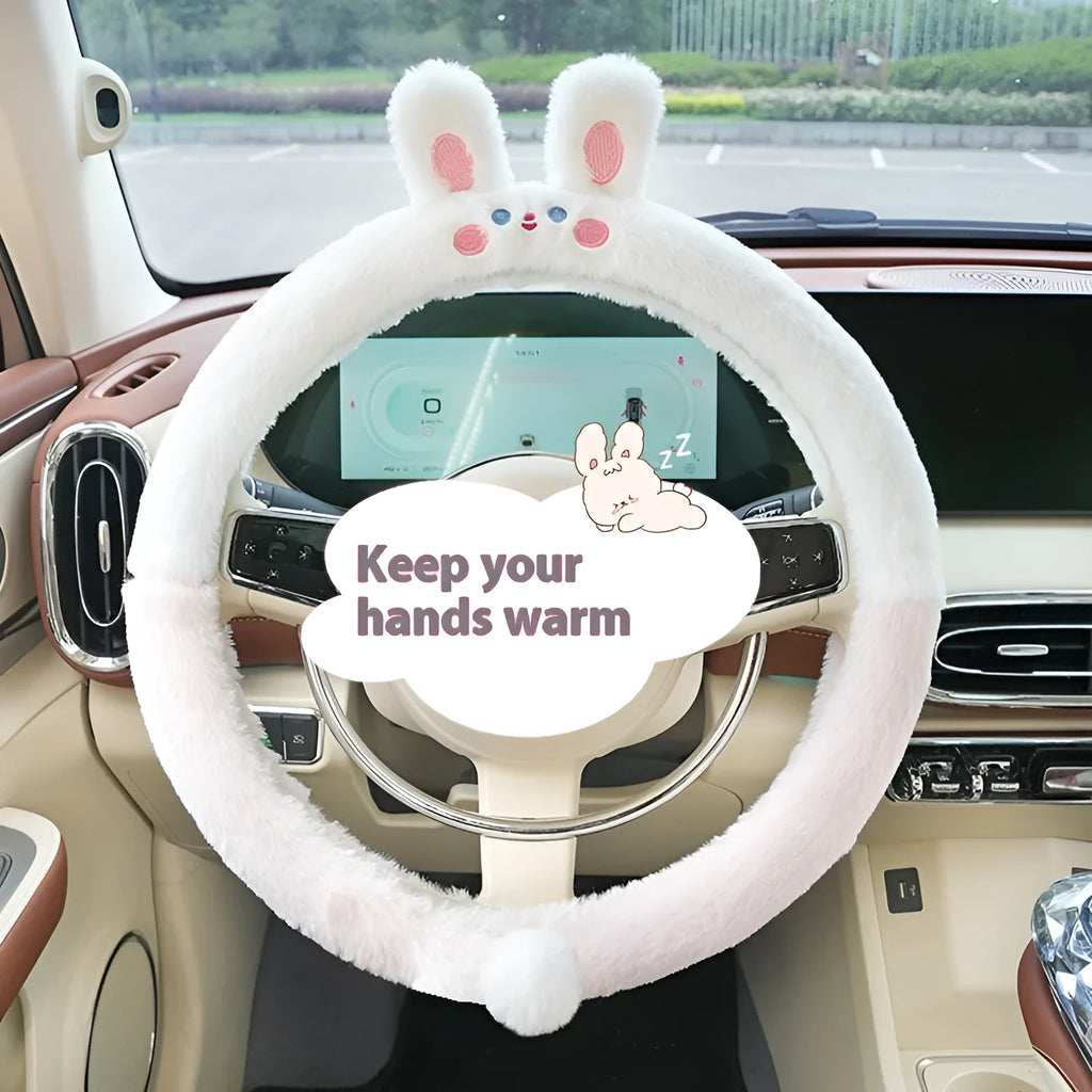 Plush steering wheel cover with embroidered animal design for 38cm diameter wheels