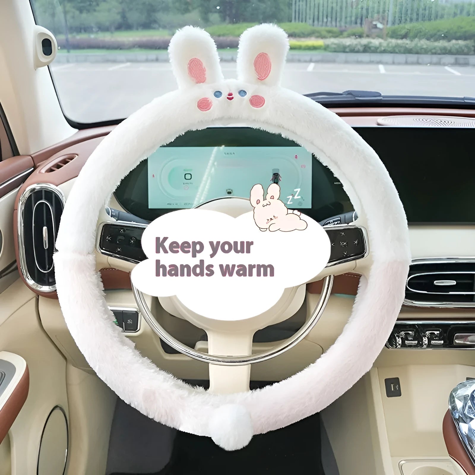 Plush steering wheel cover with embroidered animal design for 38cm diameter wheels