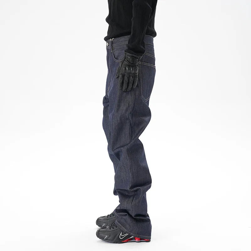 Casual loose straight original jeans in dark blue denim fabric, front view, showing loose straight leg cut.