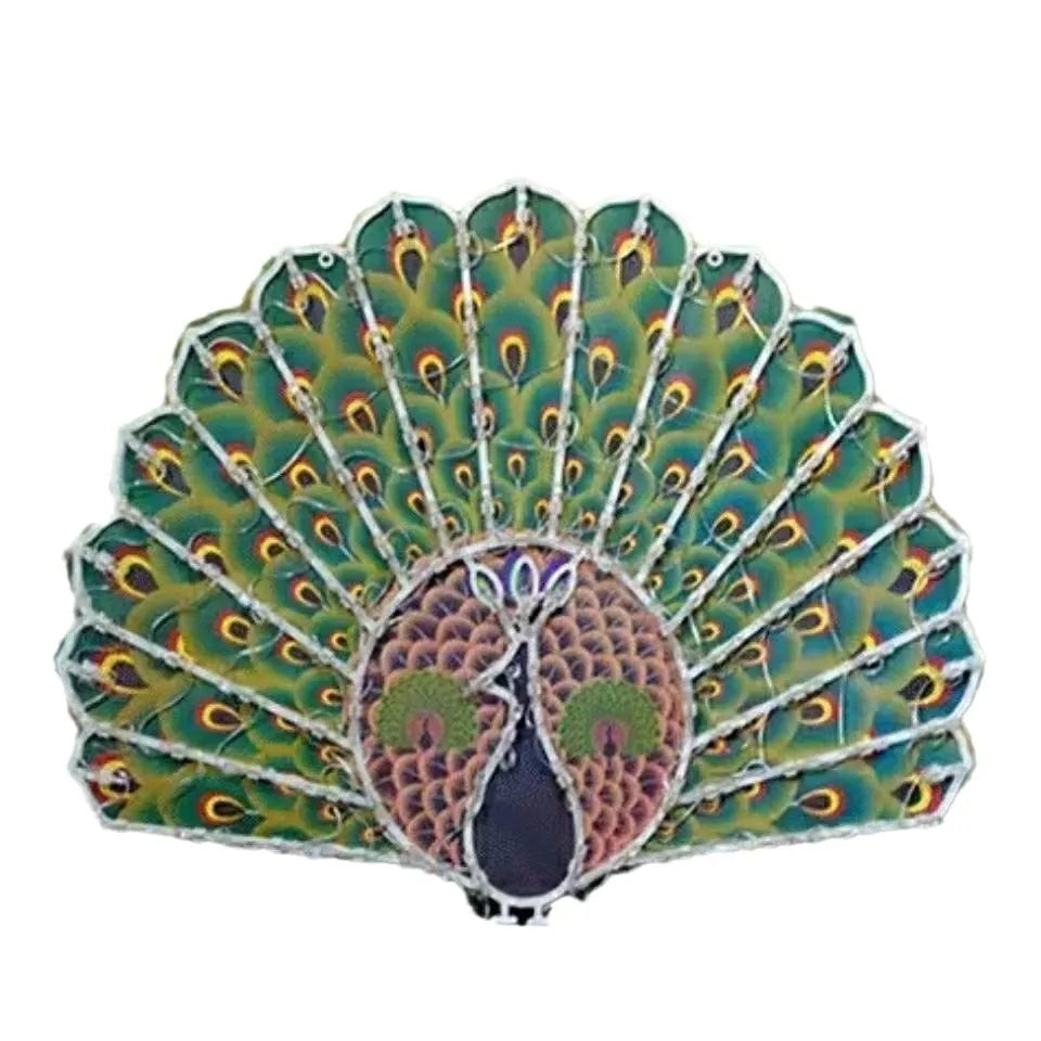 Outdoor battery-powered decorative string lights with peacock, love heart, sunflower, and star shapes.
