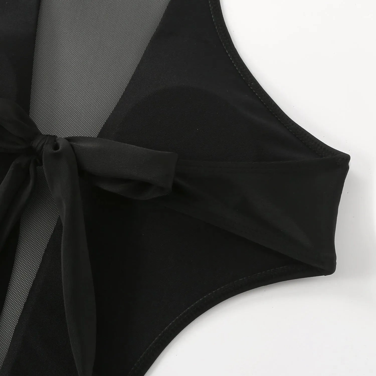 Women's black one-piece swimsuit with nude back hollow-out strap, polyester fabric, front view.