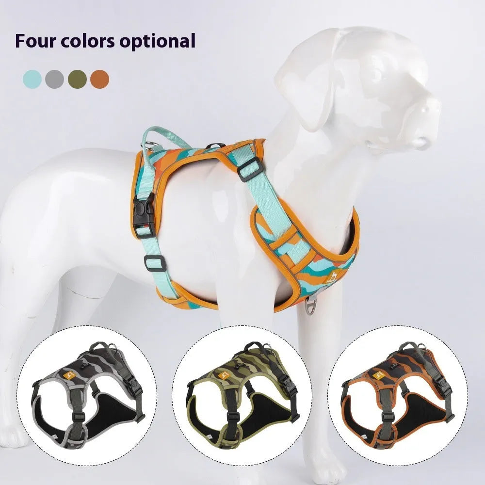 Orange dog chest and back harness with reflective strips and an integrated hand-holding rope.