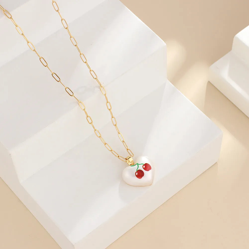 Fruit pendant heart necklace with strawberry apple pear pineapple cherry designs and adjustable chain