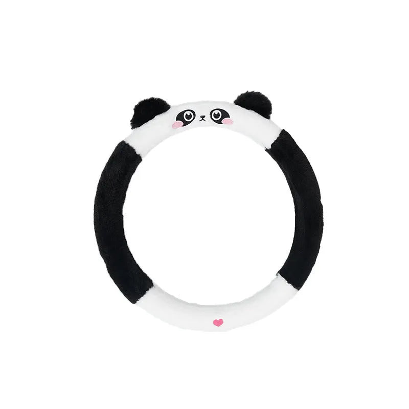 Plush steering wheel cover with embroidered animal design for 38cm diameter wheels