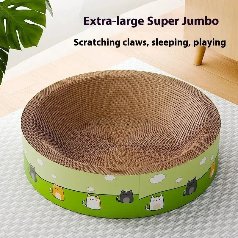 Large round cat scratch board with deepening pit design made from corrugated paper