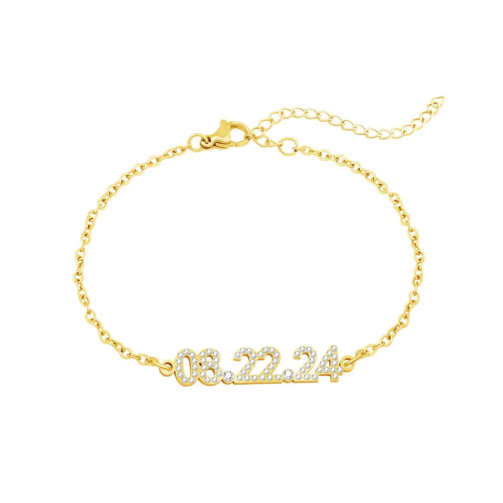 Stainless steel digital bracelet with diamond studded numbers, shown in gold, rose gold and steel colour options.