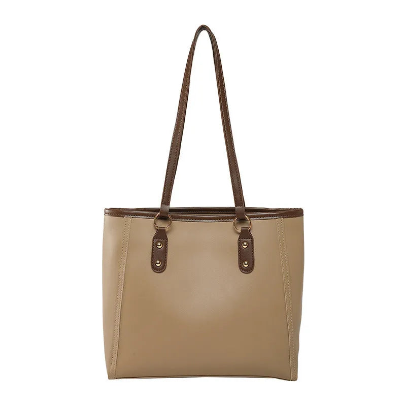 Retro contrast colour large capacity PU tote bag in horizontal square shape with slit pocket