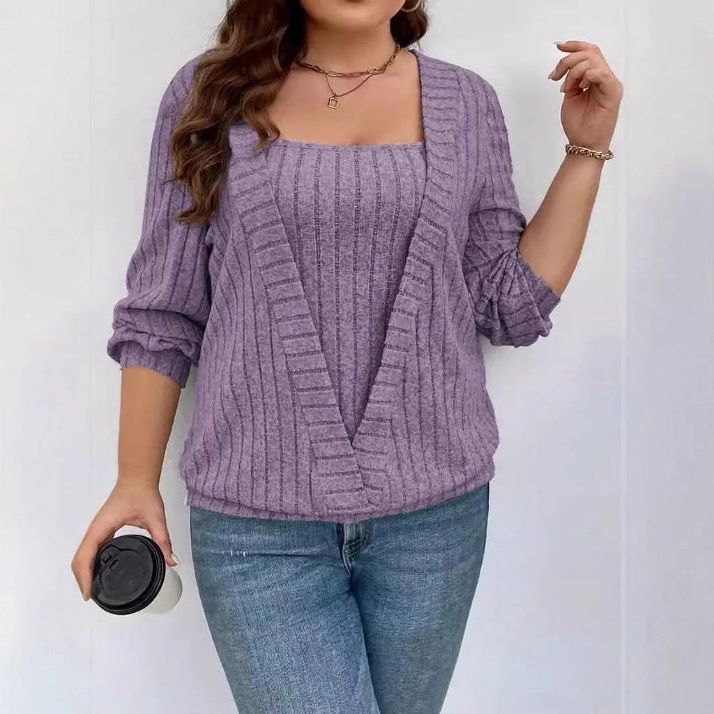 Women's solid colour V-neck long sleeve false two-piece suit top in rib fabric.