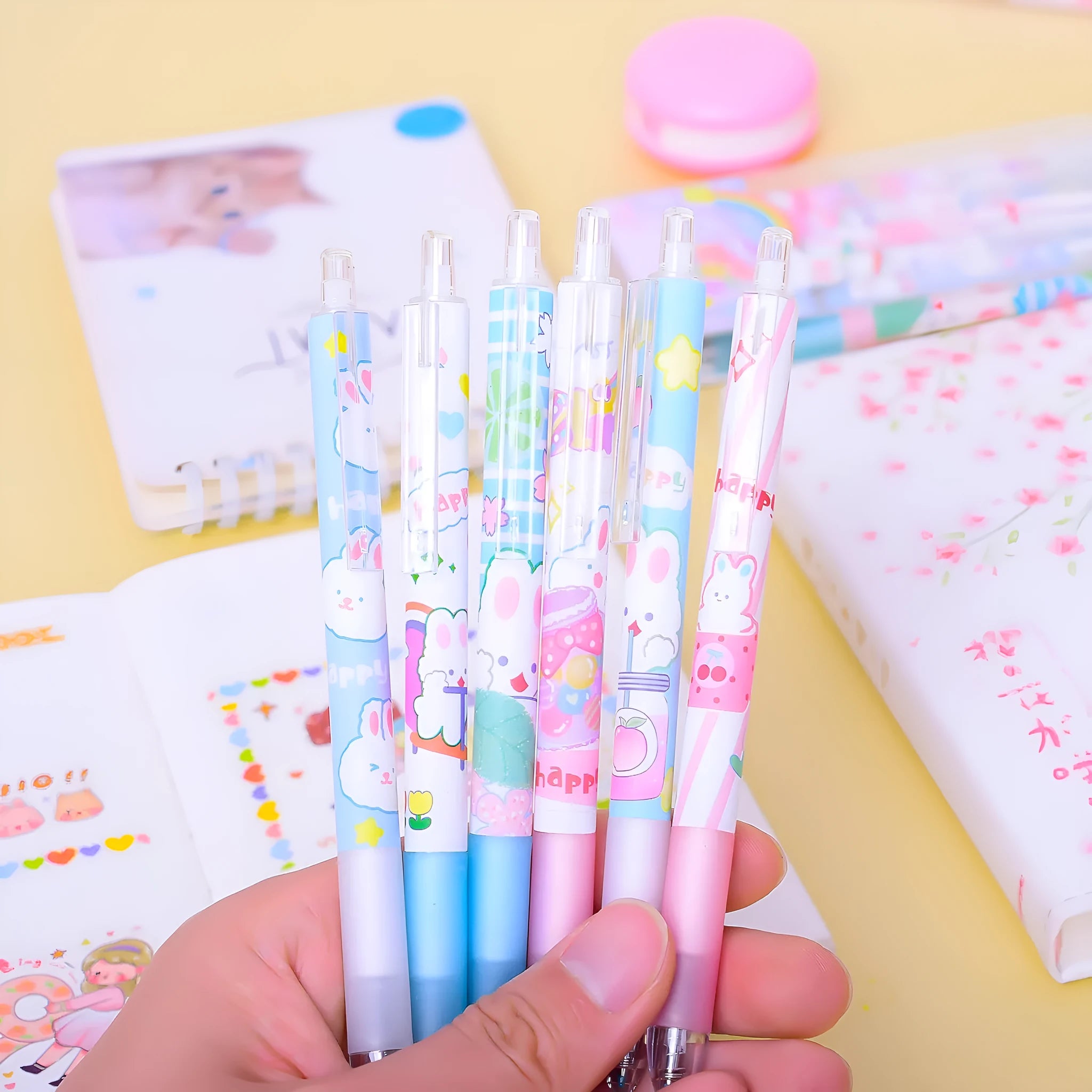 Six cartoon bunny black pens with 0.5mm tips arranged in stationery set