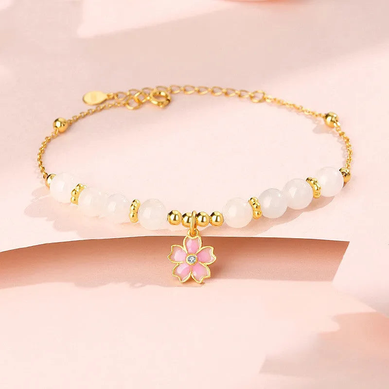 S925 silver gradient epoxy cherry blossom pendant Hetian jade beaded bracelet pink sweet style