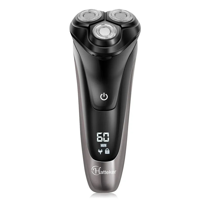 Men's electric shaver kit with three floating heads, pop-up trimmer, USB cable, and cleaning brush on a grey background.