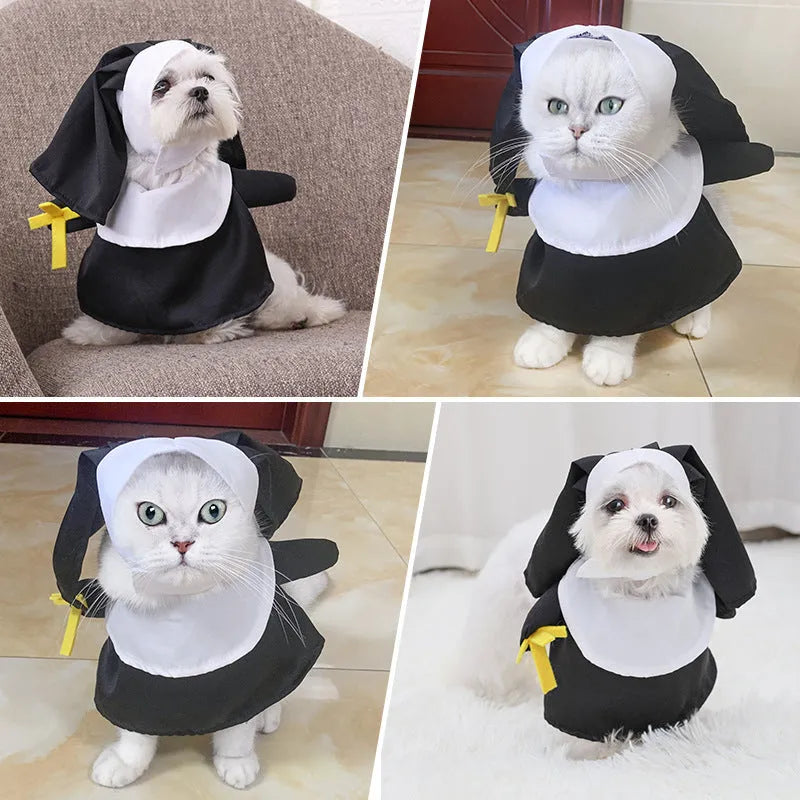 Black polyester nun costume for cats and dogs, free size, Halloween pet dress-up