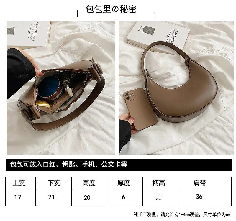 Retro women's shoulder bag in dumpling shape with zip compartment in black, white, cream yellow or brown