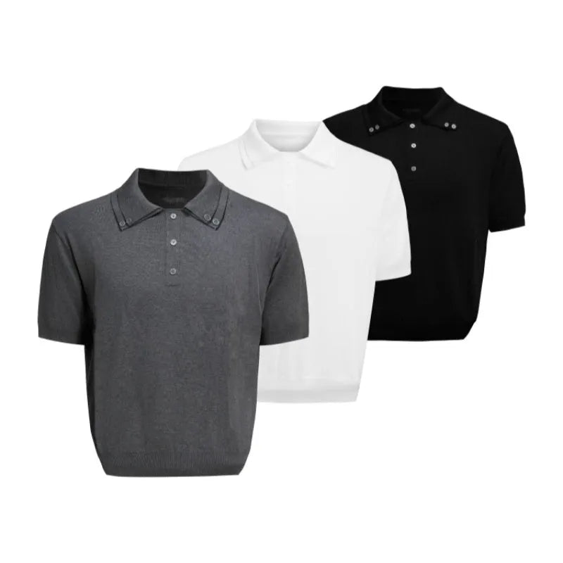 Men's loose fit short sleeve shirt with a lapel collar in grey, hanging on a hanger.