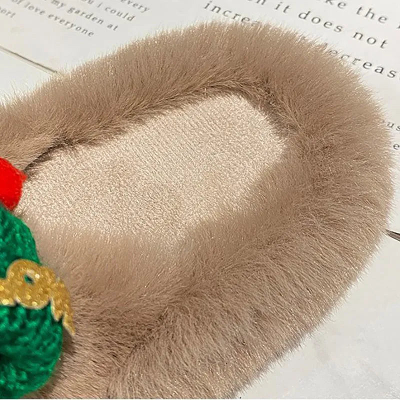 Women's Christmas hat design slippers with hairy faux plush upper, shown in black, khaki and white colour options.