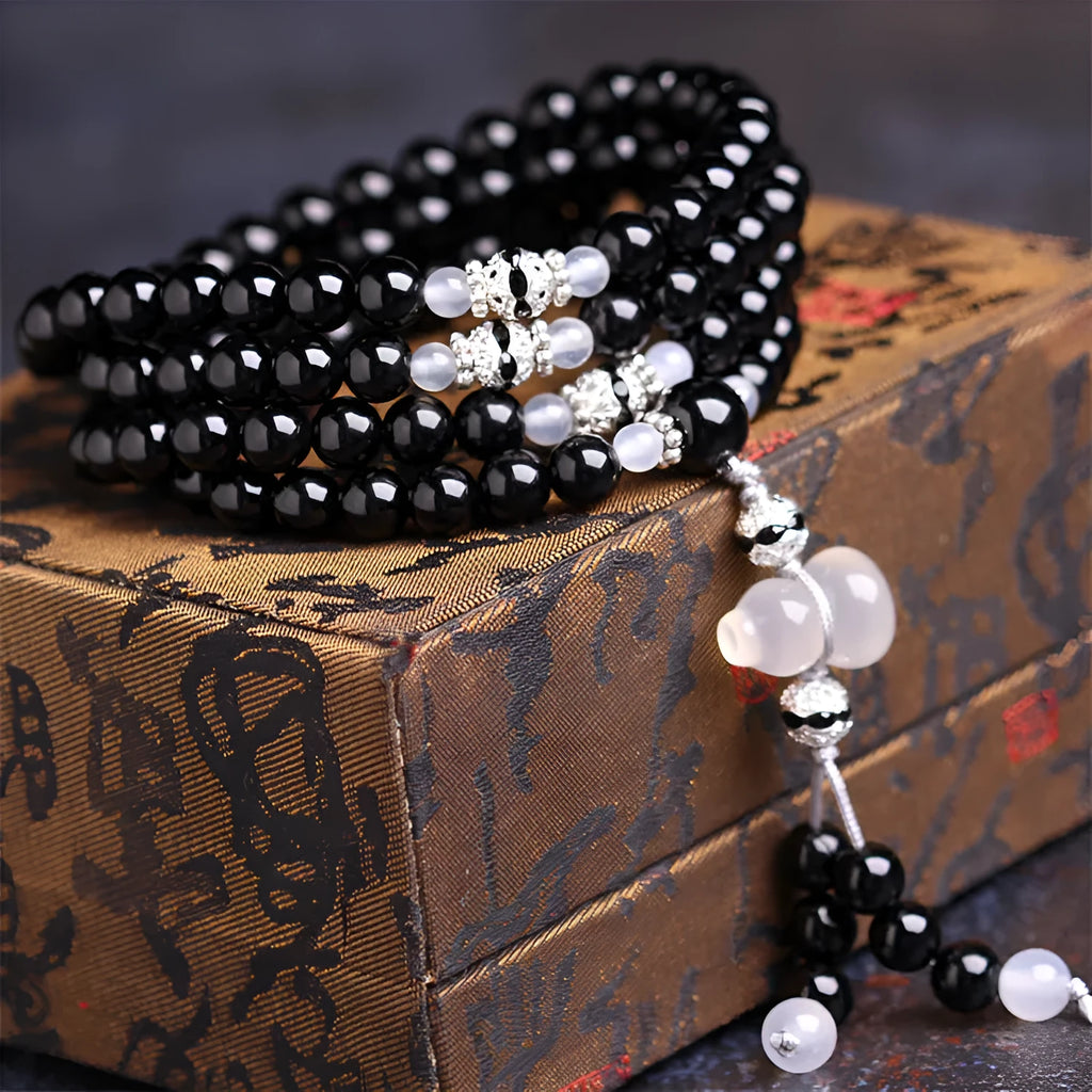 Natural black agate 108 beads bracelet unisex fashion OL style geometric shape numbers element