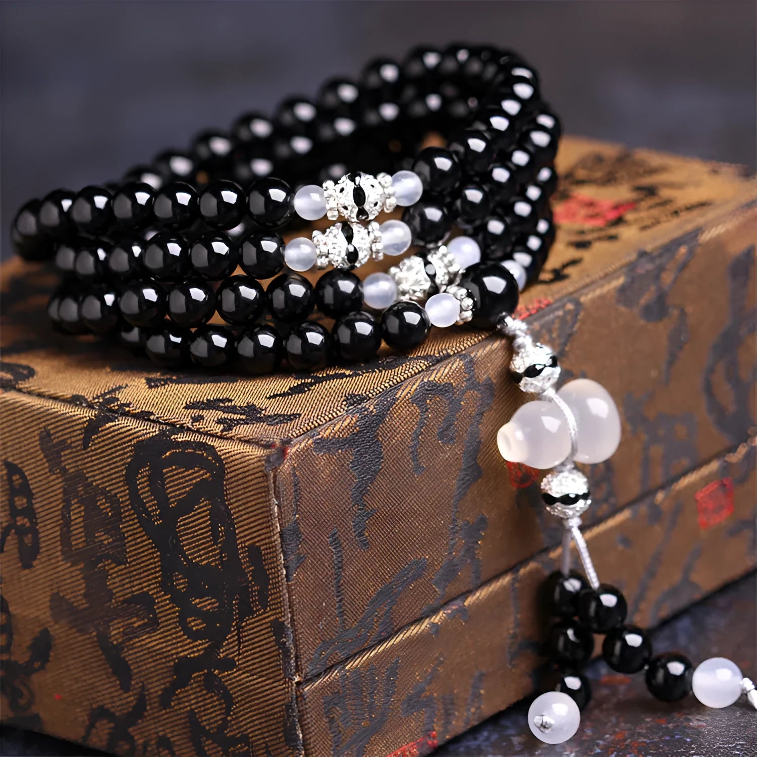 Natural black agate 108 beads bracelet unisex fashion OL style geometric shape numbers element