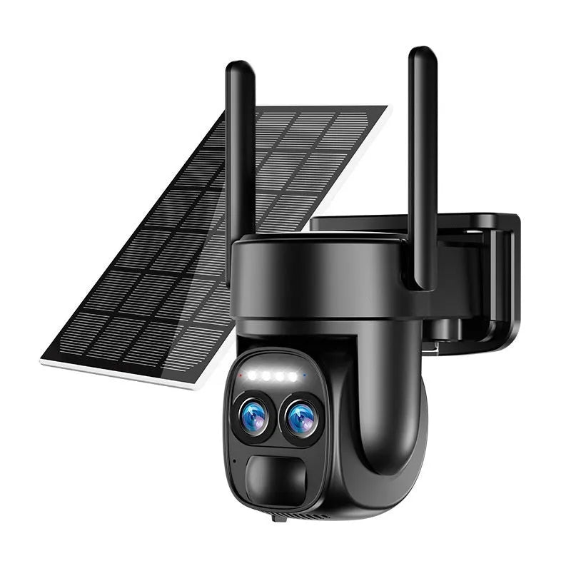 Solar-powered outdoor security camera with 8x zoom lens and dual 4G/WiFi connectivity options