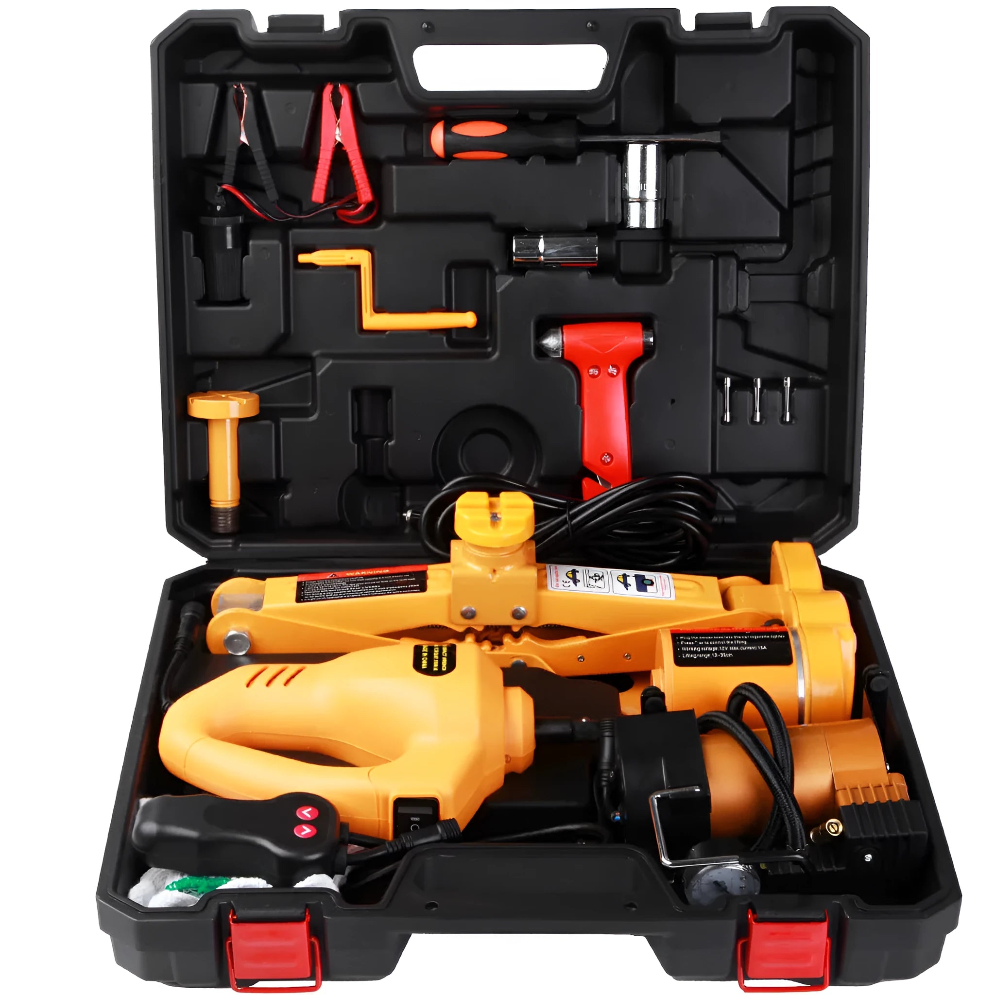 Yellow car electric jack set with cordless electric wrench for tyre changes