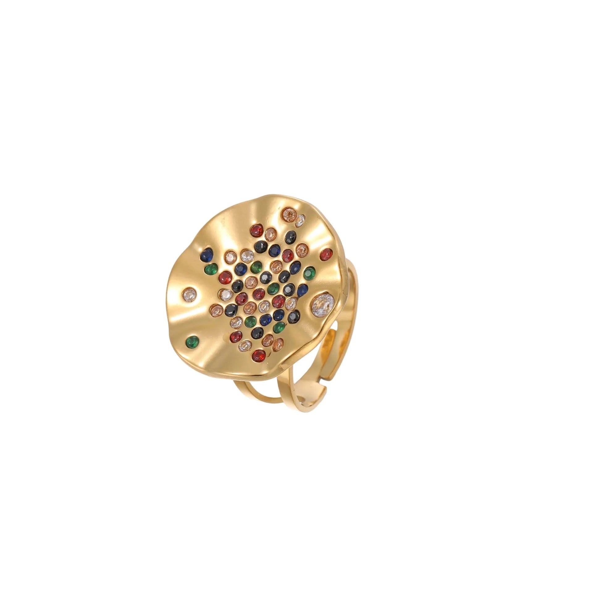 Open mouth geometric stainless steel ring with pleated detailing and colour diamond titanium accents