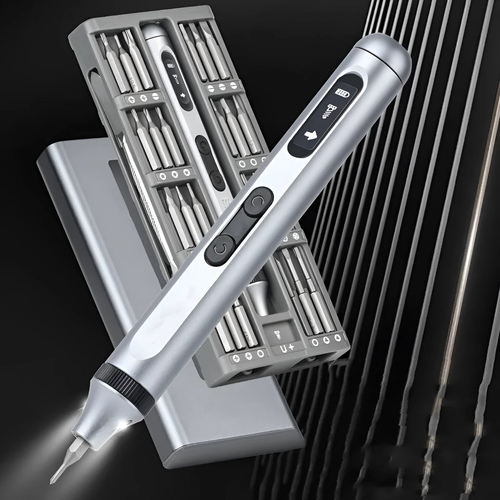 Precision electric screwdriver with aluminium alloy handle showing compact 134.5mm design