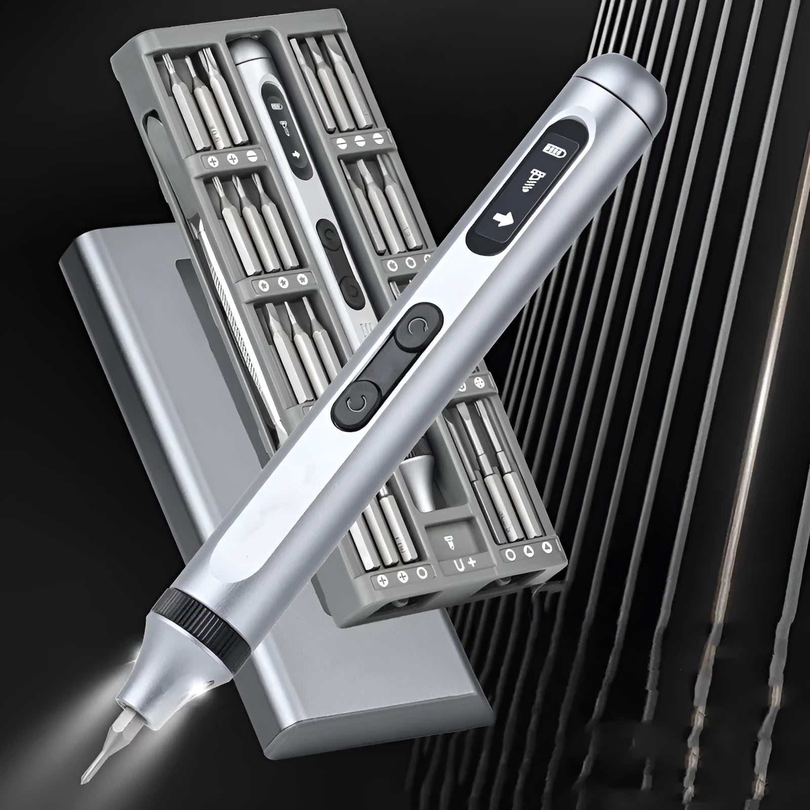Precision electric screwdriver with aluminium alloy handle showing compact 134.5mm design