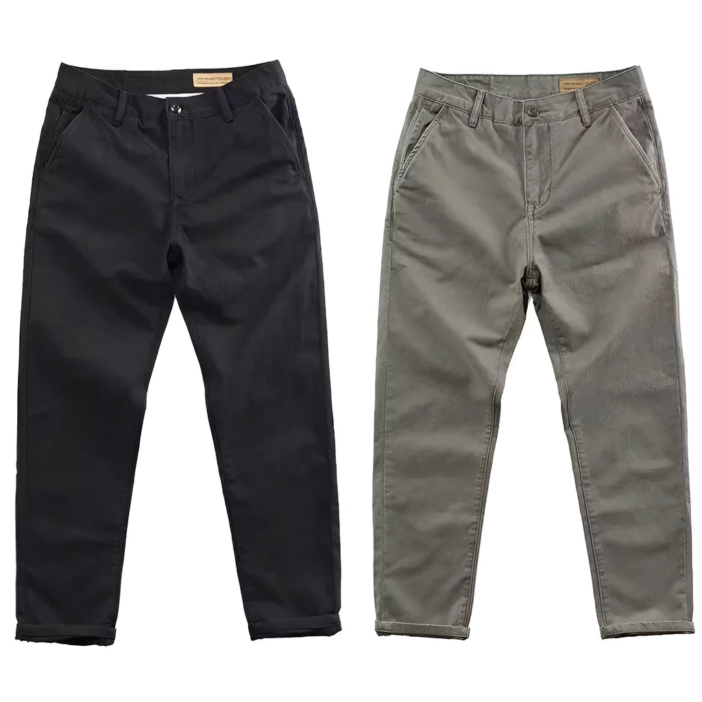 Men's slim washed straight-leg trousers in khaki – cotton-polyester blend with micro elastic weave, side view