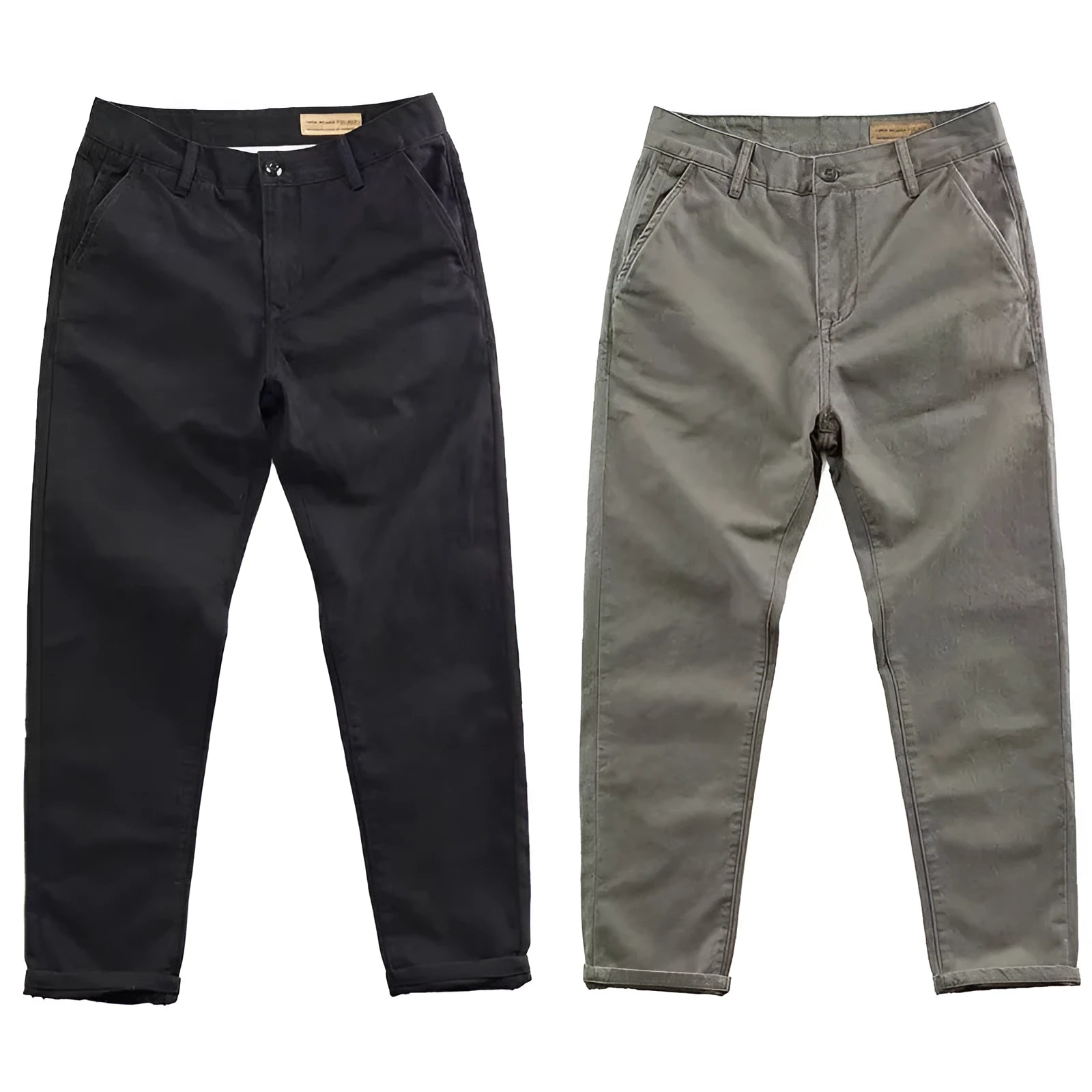 Men's slim washed straight-leg trousers in khaki – cotton-polyester blend with micro elastic weave, side view