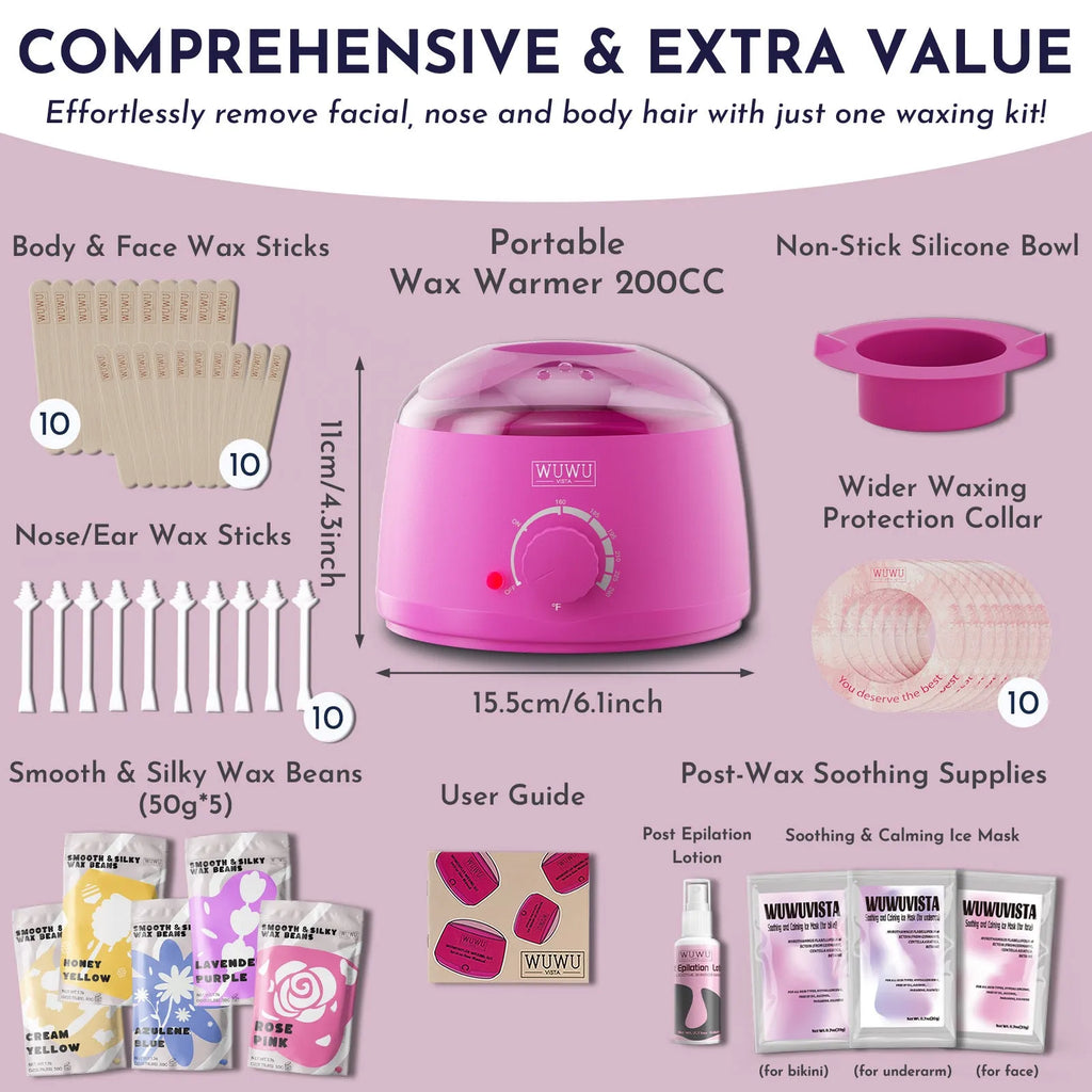 Professional 52-piece waxing kit with wax warmer, hard wax beans, application sticks and post-treatment products