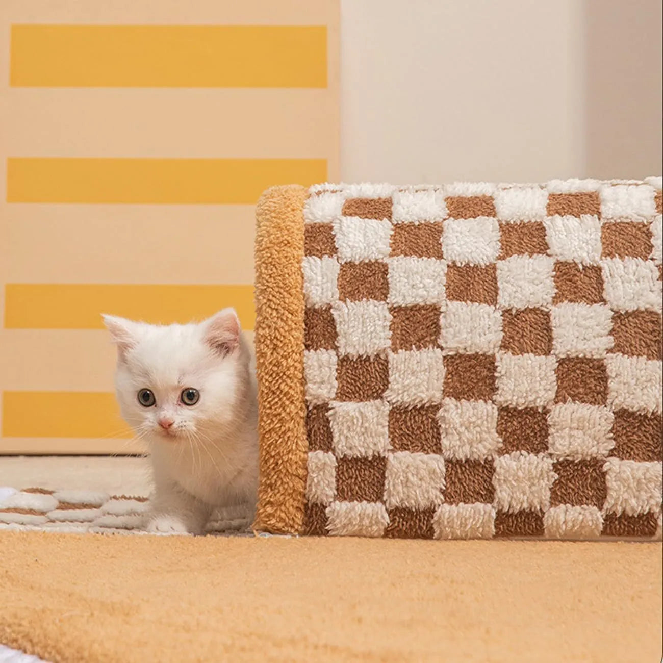 Coffee and yellow plaid fan-shaped pet bed tunnel with a thick plush mat and anti-slip base.