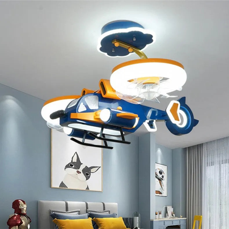 Smart Fighter Boy large room bedroom fan light with metal blades and acrylic lampshade in yellow and blue
