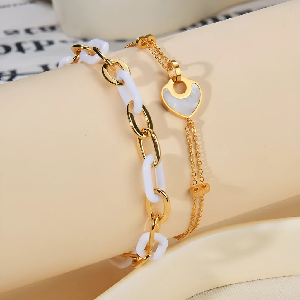 Women's stainless steel resin bracelet with double-layered heart design and electroplating finish
