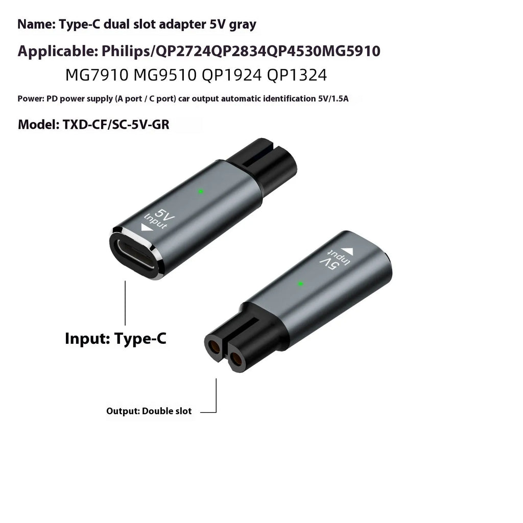 Black USB-C charging adapter for 4.3V electric shavers and hair clippers with aluminium alloy housing
