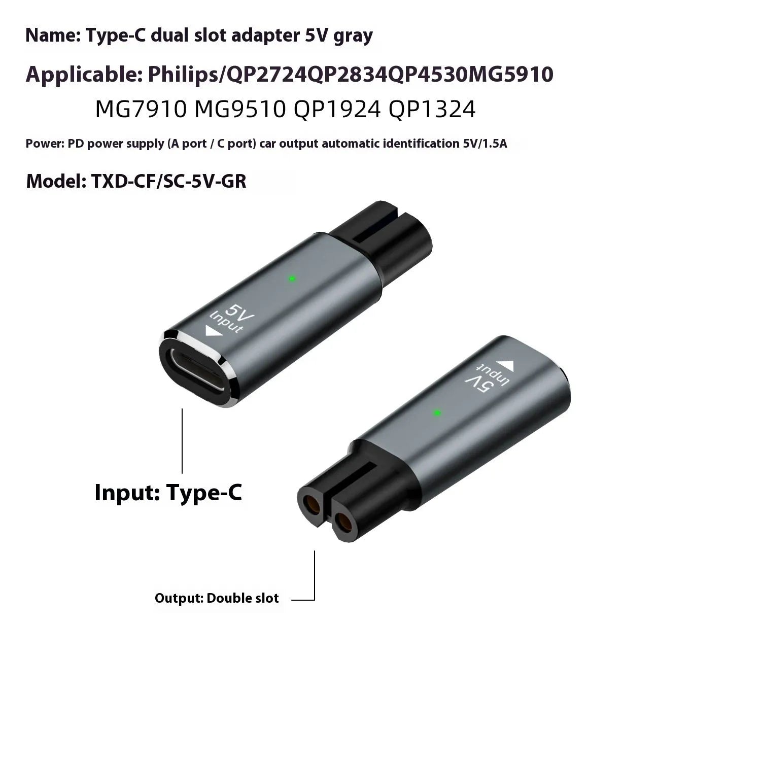 Black USB-C charging adapter for 4.3V electric shavers and hair clippers with aluminium alloy housing