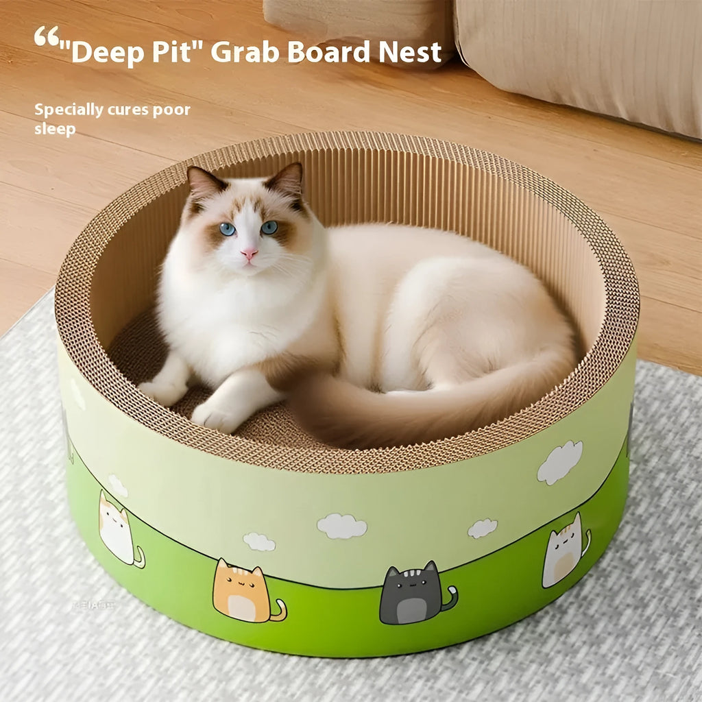 Large round cat scratch board with deepening pit design made from corrugated paper