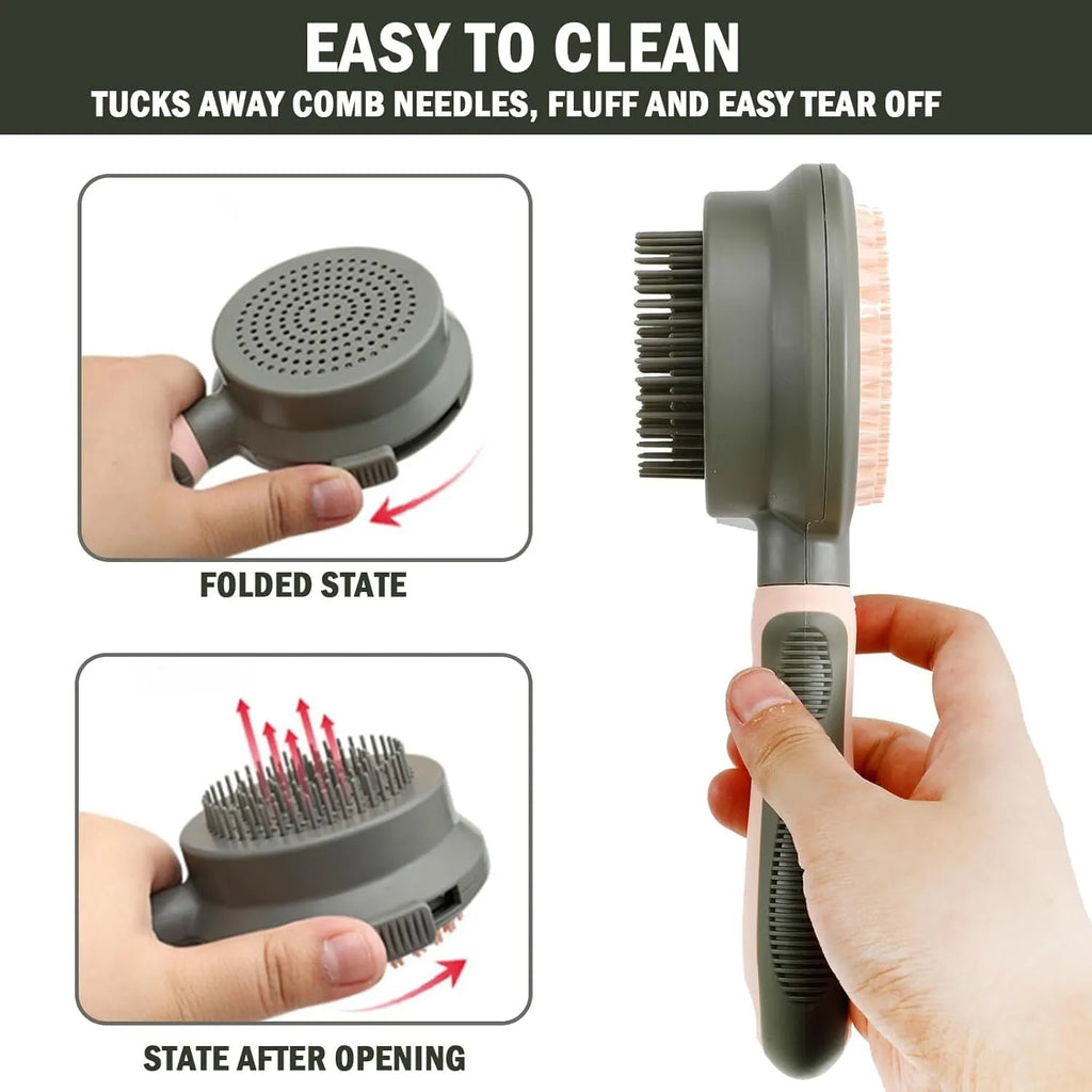 Green and pink double sided cat brush with flea comb and hair release button
