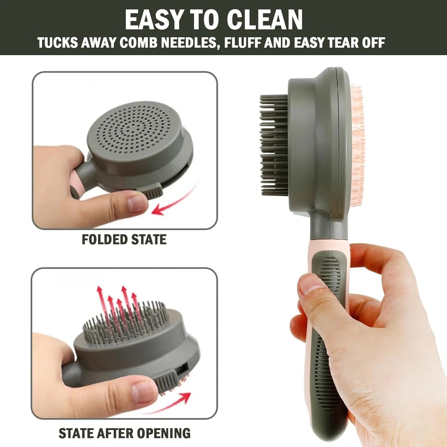 Green and pink double sided cat brush with flea comb and hair release button