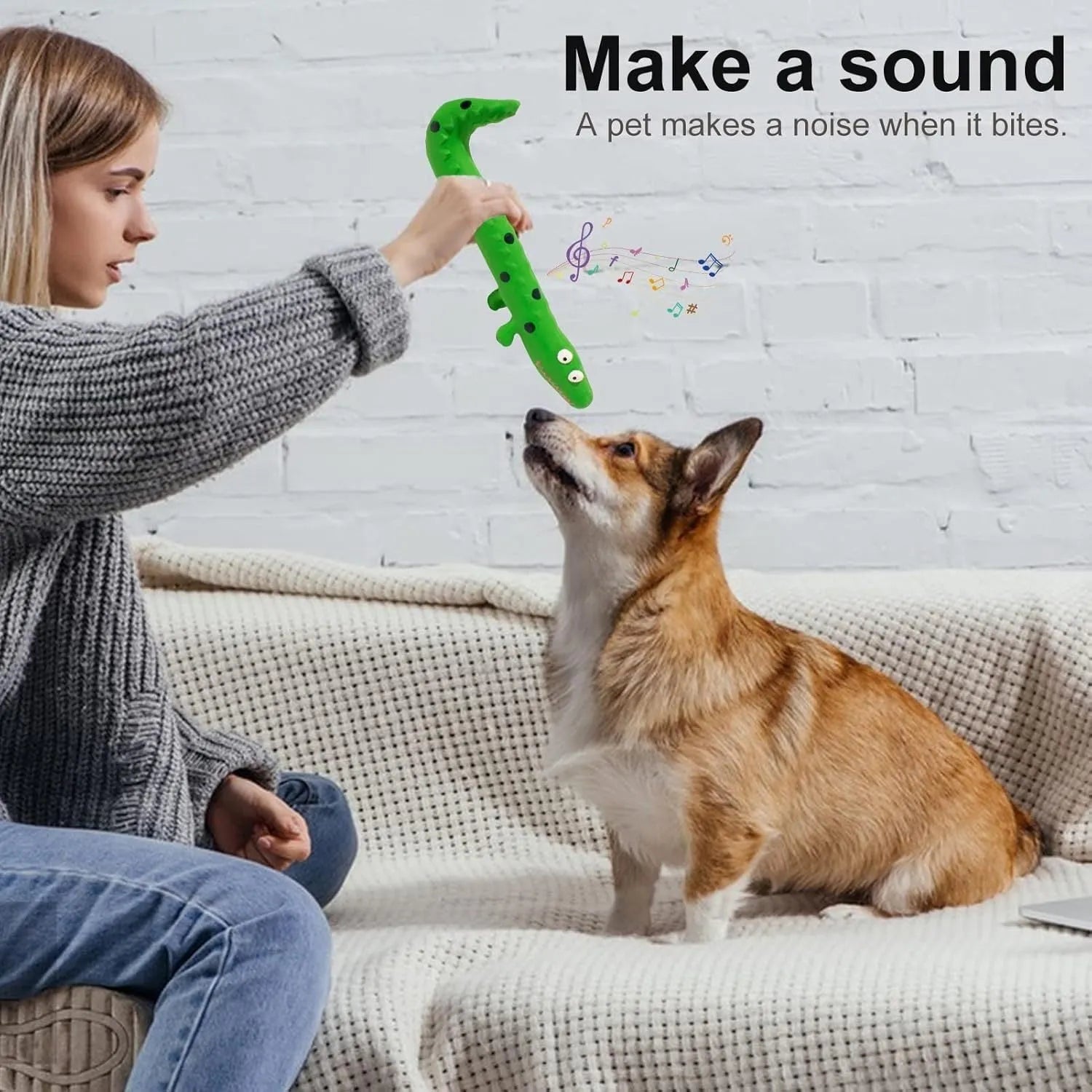Green cartoon lizard shaped dog chew toy with squeaker for aggressive chewers