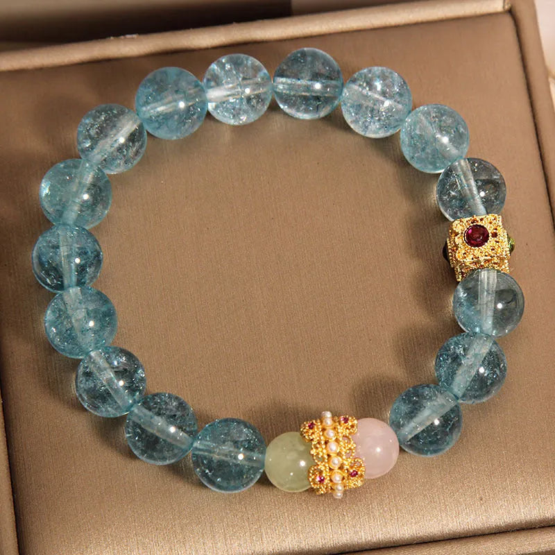 Blue crystal bracelet for women with natural cube sugar crystals and flexible ring in New Chinese style
