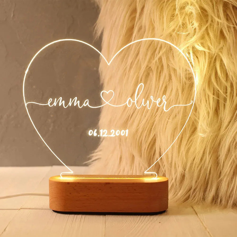 Custom names and date LED night light on transparent 20cm acrylic panel with USB power
