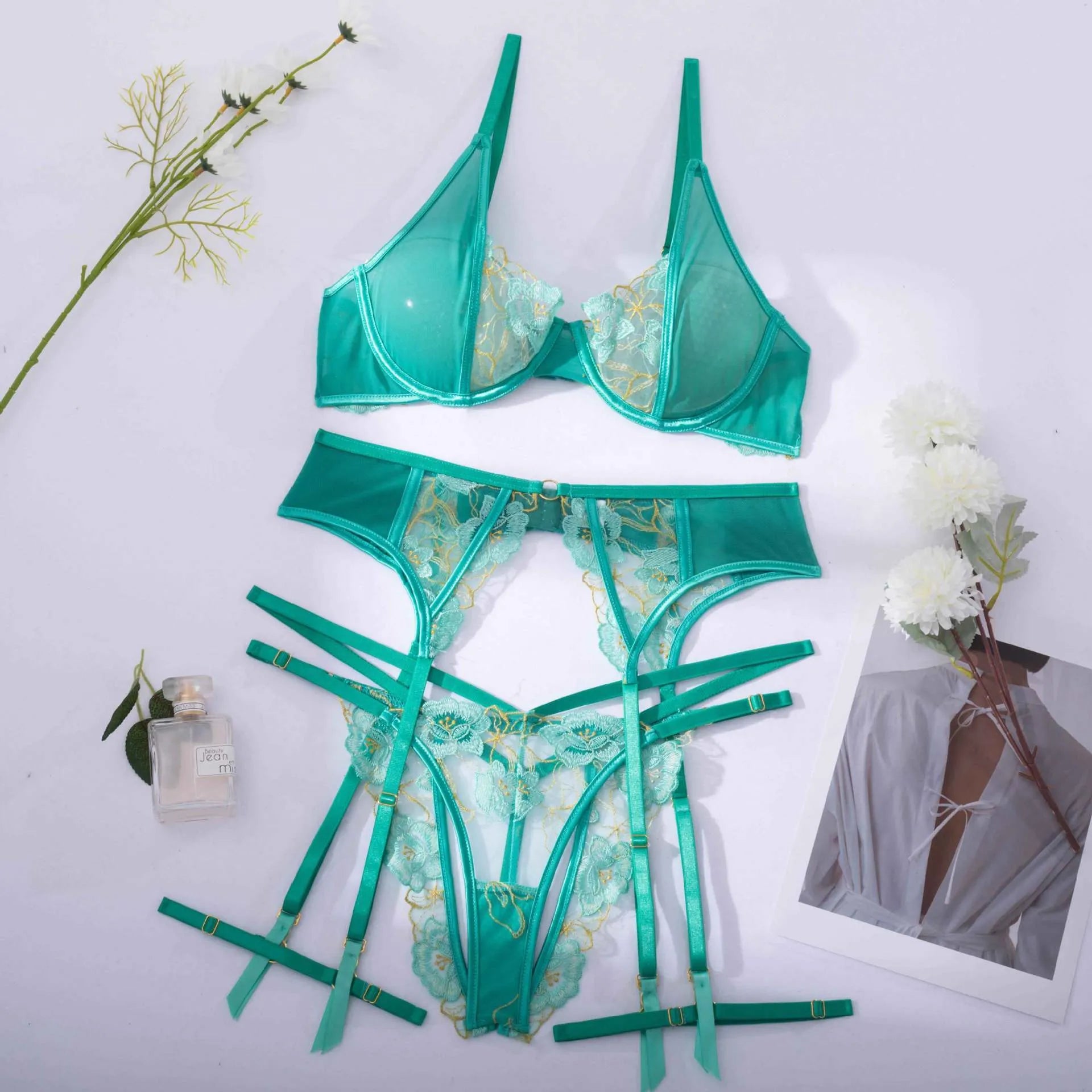 Women's embroidery bra set in light green polyester with three-point bra and matching tights