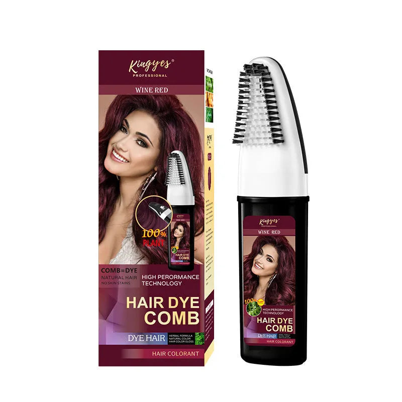 Hair dye comb applicator showing brown, dark brown, and wine red permanent colour options