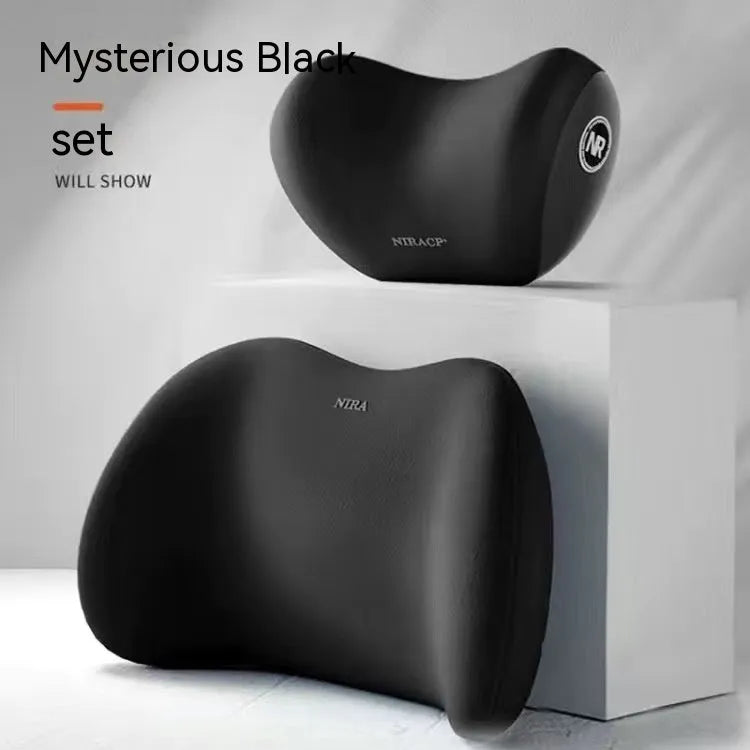 Car headrest and lumbar support pillow set with memory foam and milk silk cover in black