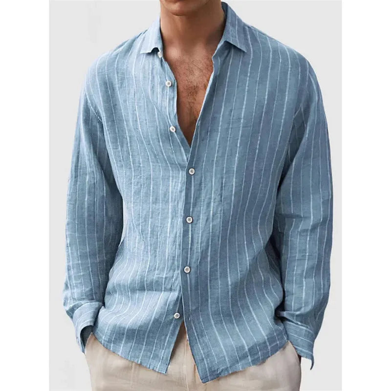 Long sleeve men's striped print shirt, 80 thread polyester, loose cardigan style, short sleeve, multiple colours