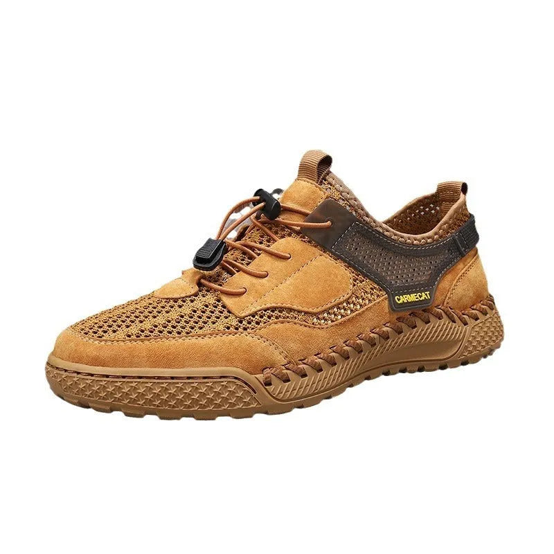 Men's suede low top walking shoes with hand-stitched rubber sole and elastic band in brown color